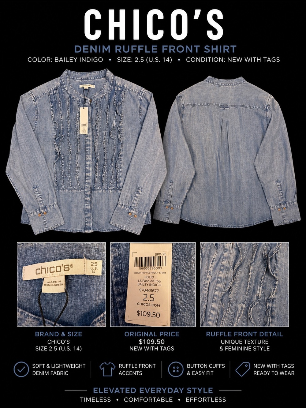 Chico's Bailey Indigo Ruffle Denim Shirt